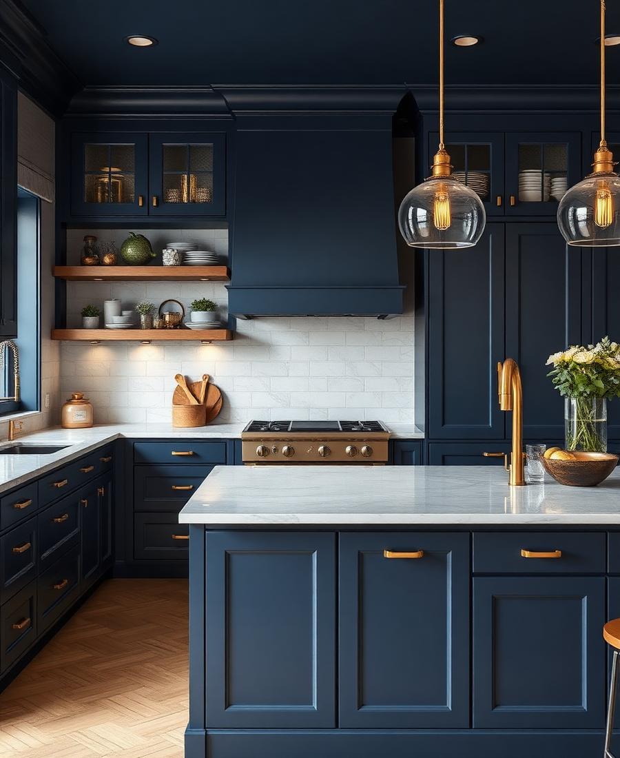 Cozinha planejada azul com ilha em pedra e detalhes dourados