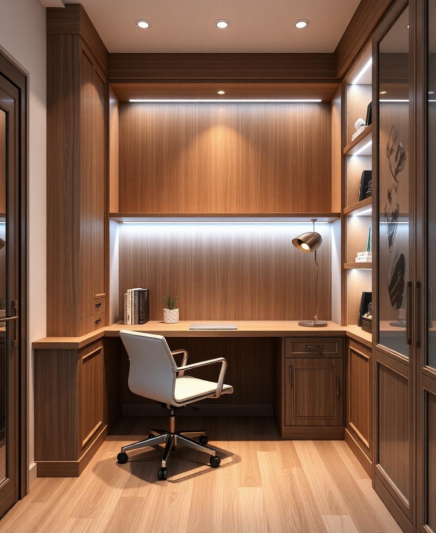 Home office planejado com marcenaria amadeirada e iluminação