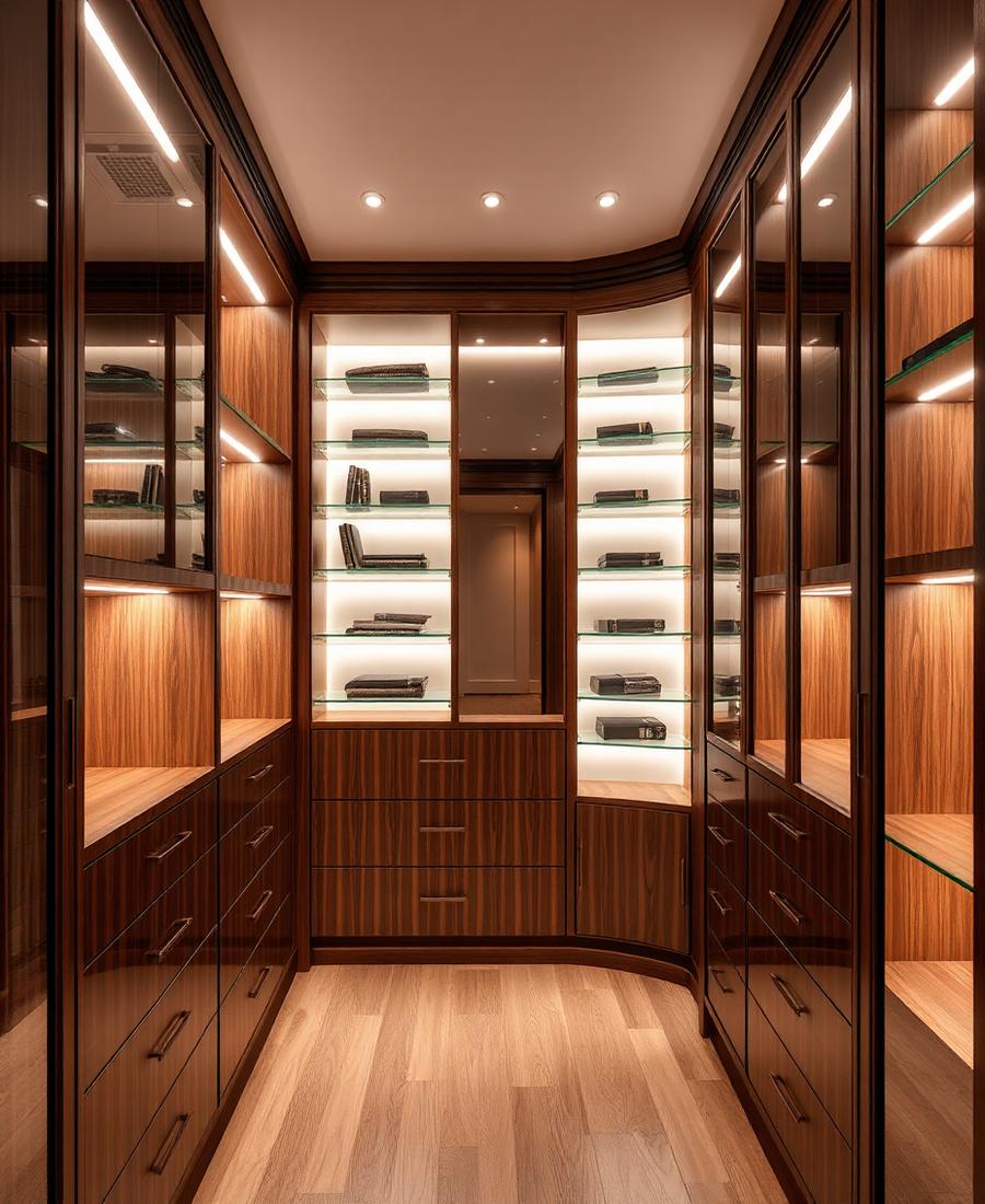 Closet planejado com prateleiras iluminadas