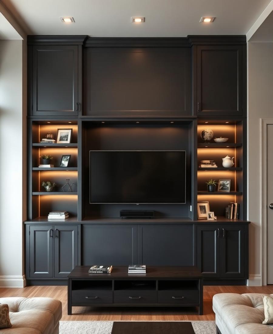 Home theater com estante planejada e nichos iluminados
